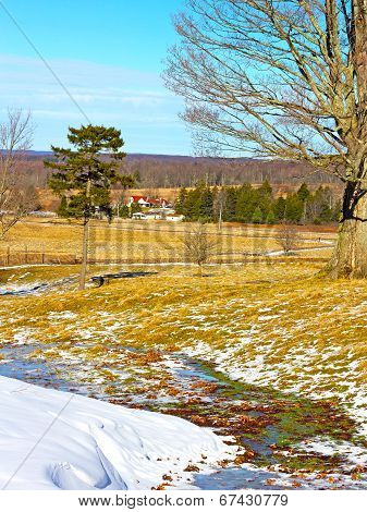 Skiing fields with picturesque background of trees and farmhouses.