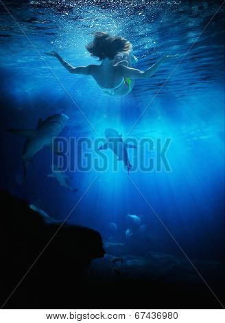 Young woman swimming with skarks in the ocean