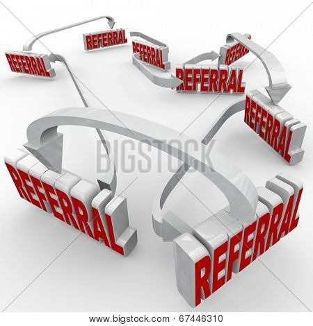 Referrals word connected by arrows business attracting new customers good word mouth