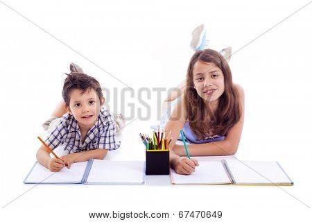 Two kids drawing with colored pencils, isolated on white bakground