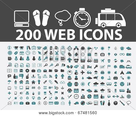 200 web, internet, travel, computer, internet, website icons, signs set, vector