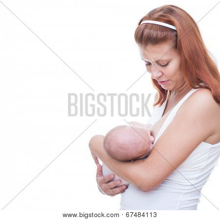 mother and newborn baby  lactation on white background