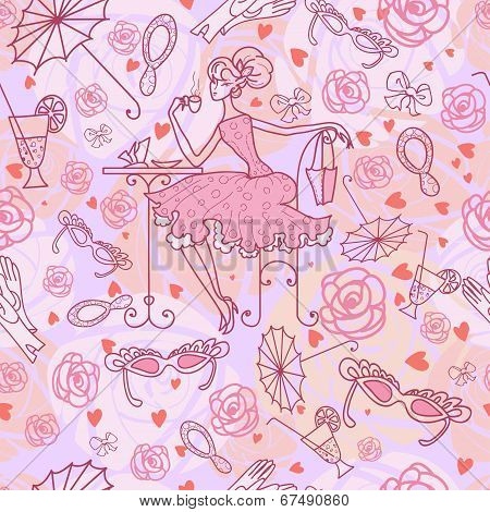 Girl drinks coffee pattern on the background of the Roses