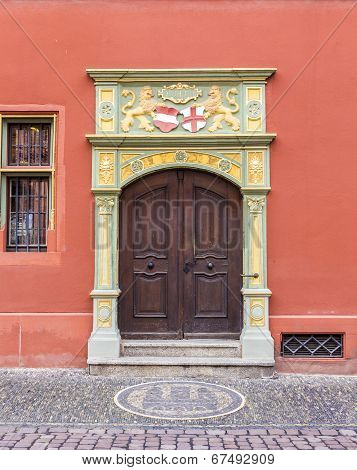 FREIBURG, GERMANY - JULY 6, 2014: Gothic style door Whale House Freiburg Germany