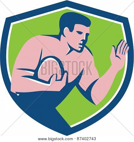 Rugby Player Ball Fend Off Shield Retro