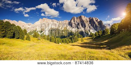 Great view on the Pizes de Cir ridge, valley Gardena. National Park Dolomites, South Tyrol. Location village Ortisei, S. Cristina and Selva Gardena, Italy, Europe. Dramatic unusual scene. Beauty world