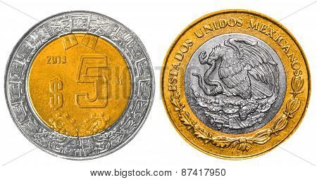 5 Mexican Pesos back and front