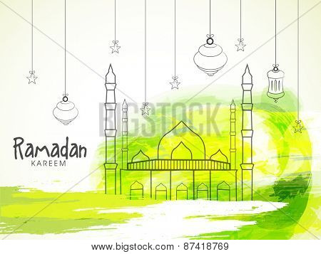 Illustration of a mosque with hanging lantern on colourful yellow and green background for holy month of prayers, Ramadan Kareem celebrations.
