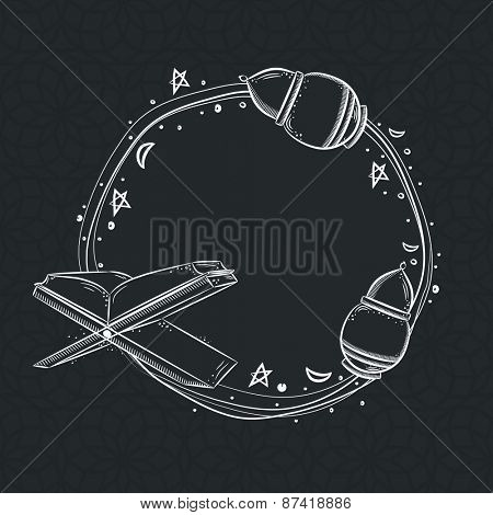 Beautiful round frame design decorated with Islamic Religious Book Quran Shareef, Lanterns and flowers on greyish black background. 