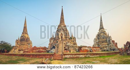 Three stupas in Wat Phra Si Sanphet. Ayutthaya historical park. Panorama