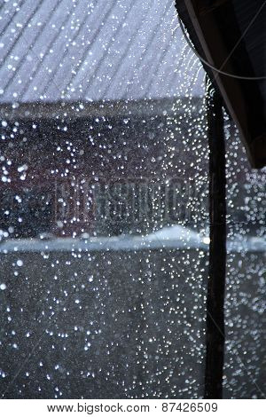 Rain drops falling off a roof