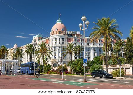 NICE, FRANCE - OCTOBER 2, 2014: Hotel Negresco on the English promenade (Promenade des Anglais) is one of the famous landmarks of the city.