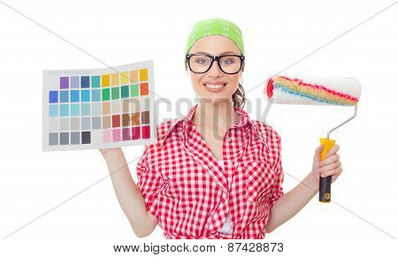 Smiling Female Holding Paintbrush And Color Samples For Selection, Isolated On White. Housewife Choo