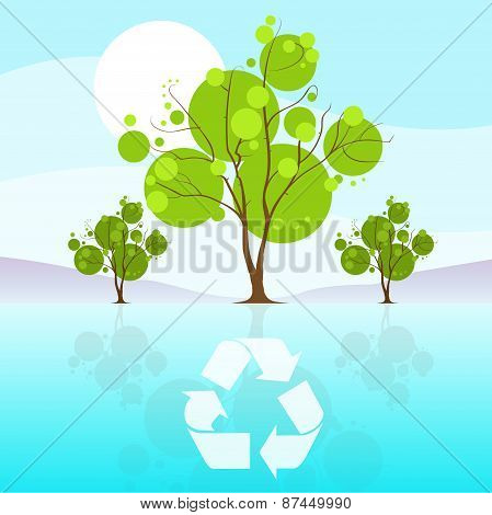 green tree recycle flat eco icon blue sky clouds