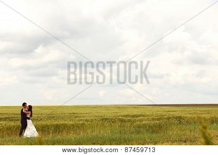 Bride And Groom Posing In The Fields
