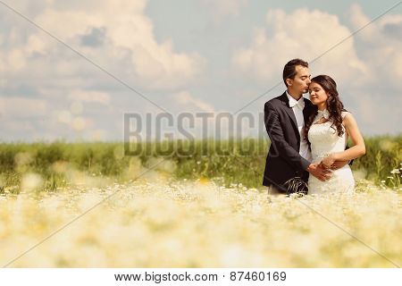 Bride And Groom Posing In The Fields