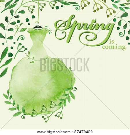 Watercolor Spring background.Green Dress , branches,text