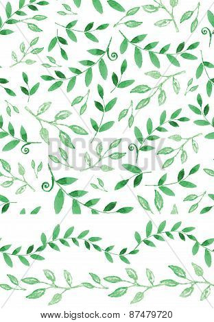 Watercolor seamless pattern,border.Vintagegreen branches