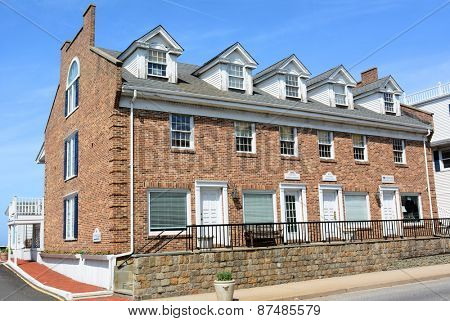 PORT JEFFERSON, NY - April 6, 2015: Danfords Hotel, Marina Showers and Fitness Rooms building. On Long Island Sound estuary the luxury accommodation also features a spa, seafood restaurant and marina.