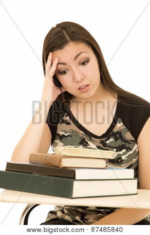 Female Student Overwhelmed With A Pile Of Books