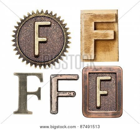 Alphabet made of wood and metal. Letter F