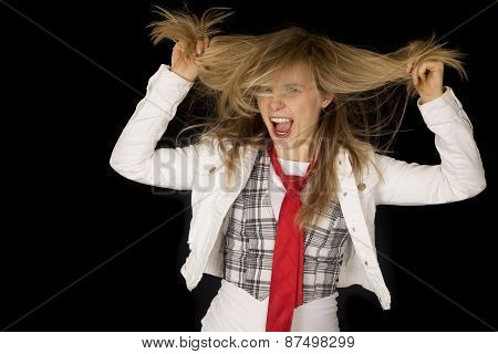 Rowdy And Excited Girl Pulling Her Hair Black Background