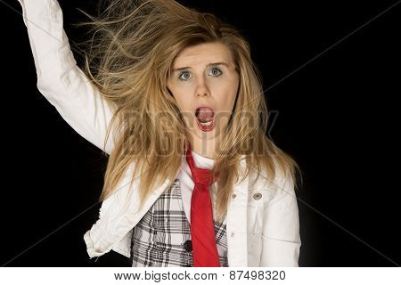 Ridiculous Woman With Her Mouth Open And Arm Raised