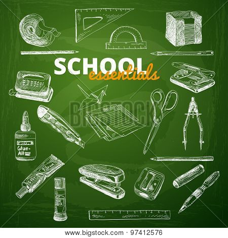Vector set of school items on a chalkboard.