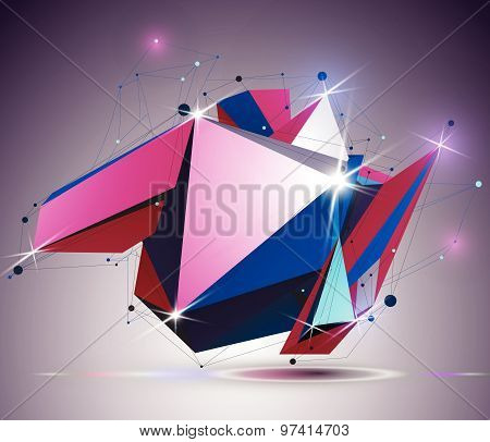 Creative asymmetric polished object with lines mesh. 3d colorful shiny complicated engineering abstr
