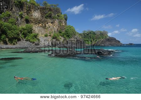 Diving in a crystalline sea beach in Fernando de Noronha,Brazil