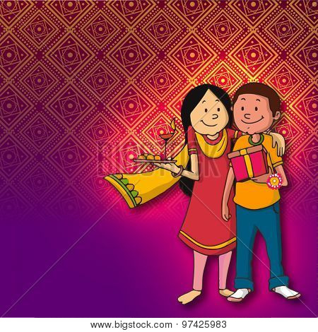 Cute brother and sister enjoying and celebrating the festival of love, Happy Raksha Bandhan on floral design decorated shiny background. 