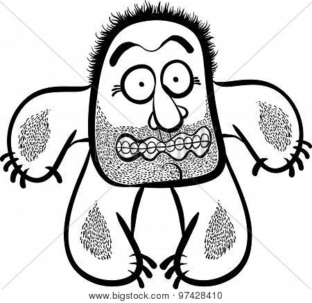 Shocked cartoon monster with stubble, black and white lines vector illustration.