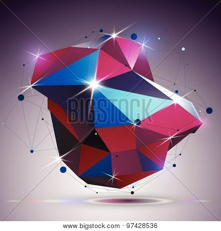 Technology spherical polished object with lines mesh. 3d colorful shiny complicated engineering