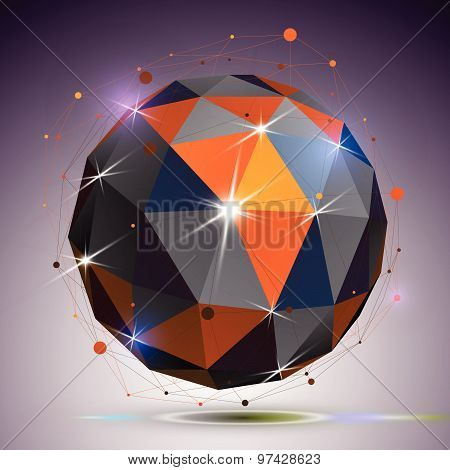 Technology spherical polished object with lines mesh. 3d colorful shiny complicated engineering