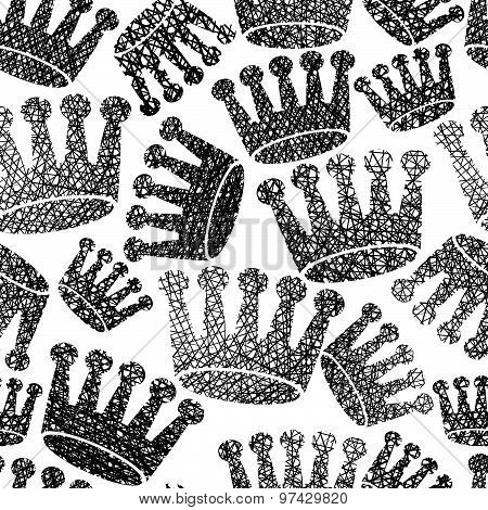 Crowns seamless pattern, repeating vector background with hand drawn lines textures.