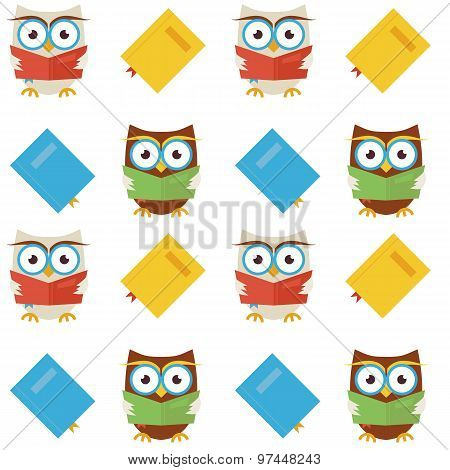 Flat Vector Seamless Pattern Wisdom And Knowledge Owls Reading Books