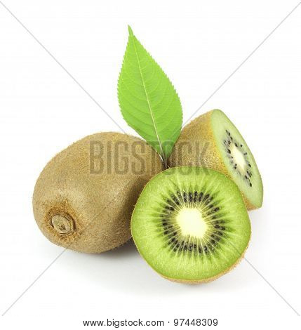 Whole kiwi fruit and its sliced segments isolated on white background