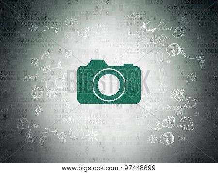 Vacation concept: Photo Camera on Digital Paper background