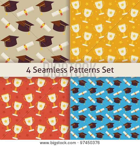 Four Vector Flat Seamless School Graduation And Winning Competition Trophy Patterns Set