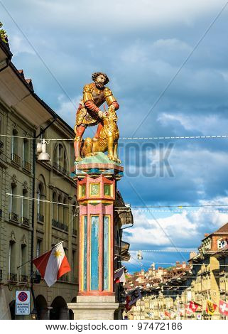 Samson Fountain On The Kramgasse In The Old City Of Bern, Switzerland