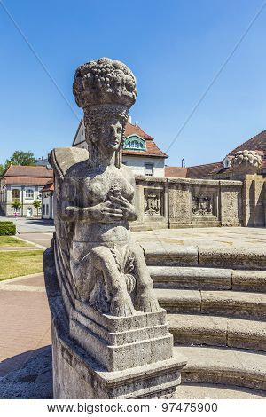 Art Nouveau Statue At Famous Sprudelhof In Bad Nauheim