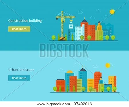 Flat design vector concept illustration with icons of building construction and urban landscape.