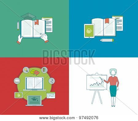 Flat design modern vector illustration icons set of education, online courses and e-learning