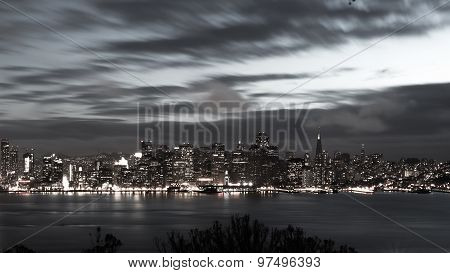 San Francisco Bay Bridge And Skyline At Night Black And White