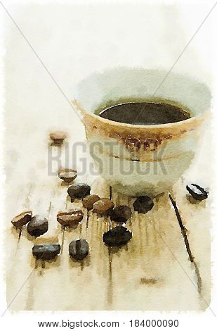A water color hand painted drawing of roasted arabic coffee beans and a coffee cup. Food illustration.
