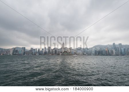 HONG KONG - JANUARY 9 2016: Hongkong Cityscape Victoria Harbour Hongkong Business Center District Hong Kong China