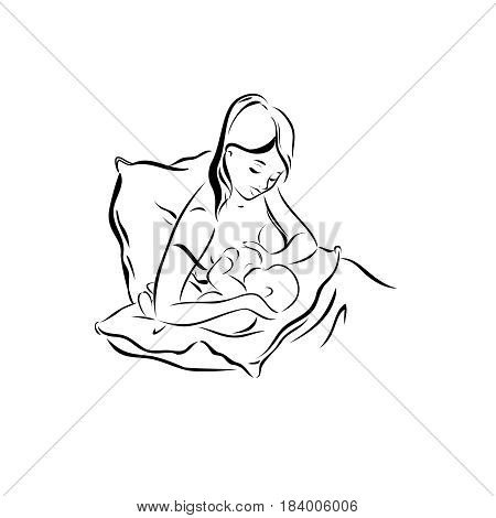 A young mother is suckling her toddler sketch a pose for breastfeeding logo an imitation of maternity and health