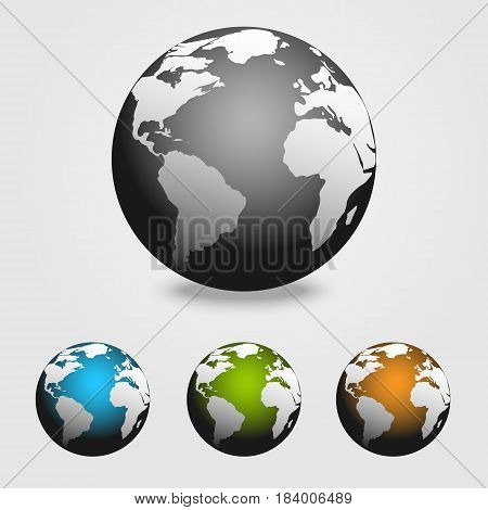 Colorful Earth globes isolated on grey background. Color 3D planet Earth icon. Vector illustration
