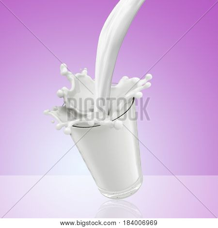Splash of milk from the glass .Pink background. 3d rendering