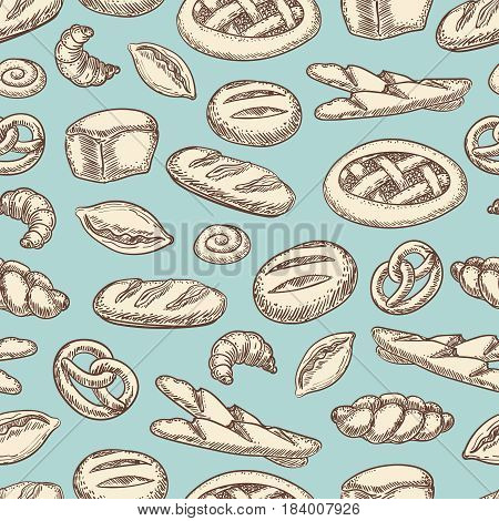 Vintage bakery seamless pattern. Vector background with bread, buns, croissant etc